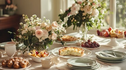 Sticker - Beautiful brunch table with floral centerpiece, delicious food, sunny morning, elegant dining, fresh fruits