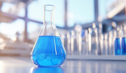 Poster - A laboratory flask filled with blue liquid, surrounded by test tubes.