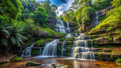 Wall Mural - Captivating Product Photography of Terrace Falls in Blue Mountains, NSW, Australia, Showcasing Nature's Beauty with Lush Greenery and Cascading Waterfalls in a Stunning Landscape