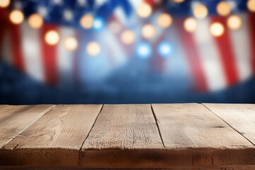 Poster - A wooden table with a blurred festive background of flags and lights.