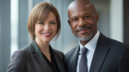 Poster - Image of two business professionals standing side by side in a modern office, radiating confidence and positivity with their smiles