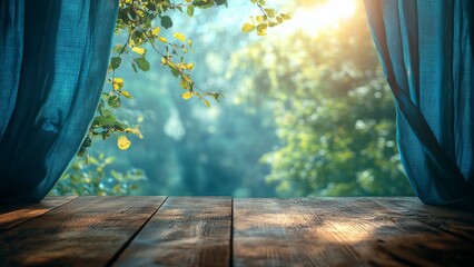 Wall Mural - morning sunlight streaming through curtains into a serene garden