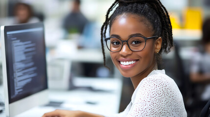 Leinwandbilder - Portrait of a smiling female computer programmer working on source code at her desk in a busy office