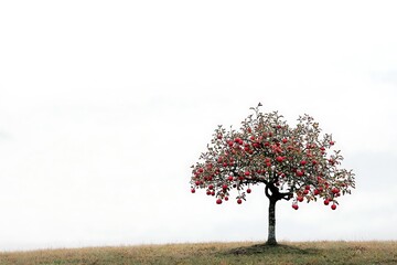 Wall Mural - A solitary apple tree laden with ripe red apples against a white sky