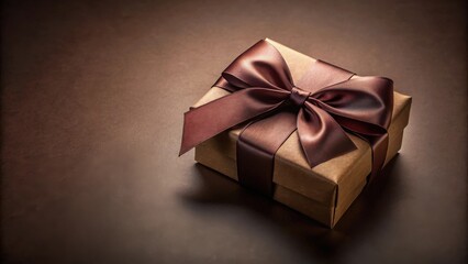 A luxuriously wrapped gift box with a dark brown satin ribbon bow on a rich brown background