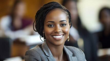 Canvas Print - Professional and elegant businesswoman exudes confidence and smiles in a corporate meeting room portrait