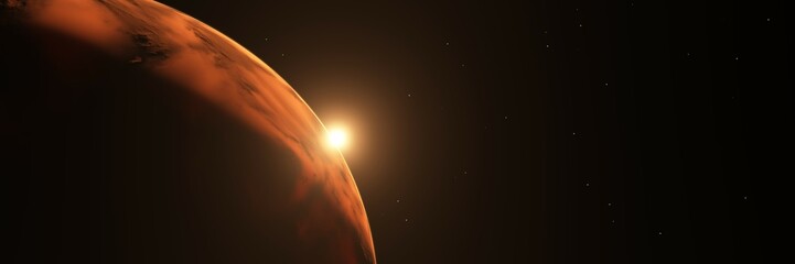 wide view of red planet mars with mountains and sun from space during sunset or sunrise with copy sp