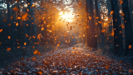 Wall Mural - autumn leaves dance in golden sunlight along a forest path