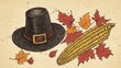 © Simon - Pilgrim Hat Corn with Autumn Leaves Rustic Thanksgiving Illustration, Harvest Season Art, Country Fall Decoration Print