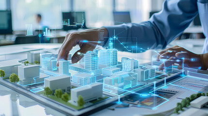 architect's vision: a close-up of a digital architect's hand interacting with a 3d model of a futuri