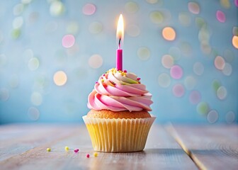 Naklejka na meble Delicious Birthday Cupcake with Candle, Birthday Cake Photography, Sweet Treats, Festive Dessert, Candlelit Cake, Party Cake, Cupcake Images, Birthday Celebration