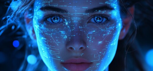 Poster - Futuristic portrait with digital patterns overlaying a face.