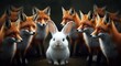 © Alexandr - A white rabbit surrounded by curious red foxes in a forest setting