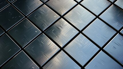 Wall Mural - Abstract close-up of reflective metallic tiles arranged in a dynamic pattern, showcasing intricate textures and shades of light.