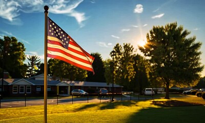 Wall Mural - american flag at sunset, peaceful scene