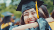 © brave-4K - Graduation Joy: A close-up of a young woman in a graduation cap, beaming with happiness as she embraces a friend. This image captures the pure joy and excitement of achieving a major milestone.