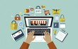 © ROSE - Person using laptop to create online store for luxury fashion items, surrounded by marketing icons like social media and digital advertising.