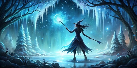 enchanted night: black silhouette of a dryad witch casting ice magic in a mystical icy forest surrou