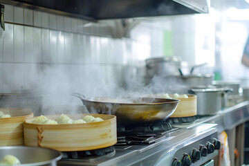 Wall Mural - Traditional Chinese Kitchen with Wok and Steaming Dim Sum  
