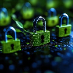 Wall Mural - digital security concept with locks and leaves on dark background