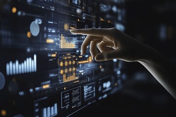 An AI business professional interacting with digital icons of data, graphs, and technology with one hand while pointing at an array of charts and graphics displayed on a screen in front of them. 