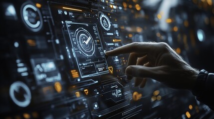 An AI business professional interacting with digital icons of data, graphs, and technology with one hand while pointing at an array of charts and graphics displayed on a screen in front of them. 