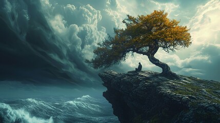 Poster - A windswept tree on the edge of a cliff, with a figure sitting beneath it as storm clouds roll in, the scene illuminated by dramatic light breaks
