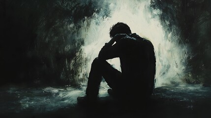 Poster - A figure sitting in a dark room, clutching their shoulder, illuminated by faint light