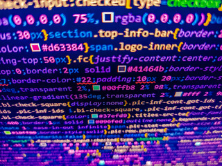 Computer source code in blue. Blue bokeh computer code background for job offer. Abstract binary code for technology in blue. Pink unique background. Programming code with black background.