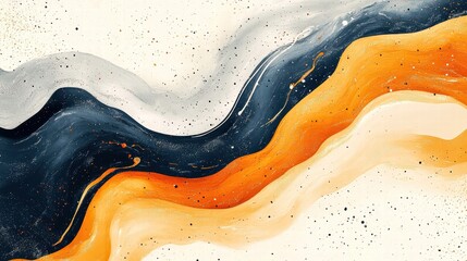 Wall Mural - Abstract fluid art with waves of orange, gray, and black on a neutral background.