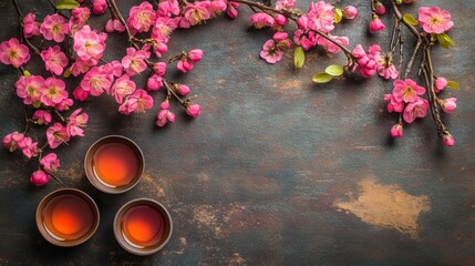 Wall Mural - Beautifully arranged pink blossoms and tea cups on rustic background, happy Chinese Lunar new year