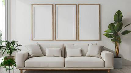 Wall Mural - Modern Living Room Mockup: Three elegant frames above a cozy sofa, set against a minimalist backdrop. Perfect for showcasing artwork, photography, or design concepts.