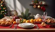 © SandraSevJarocka - Generated image A close-up of a table set for Christmas morning breakfast with festive plates, holiday