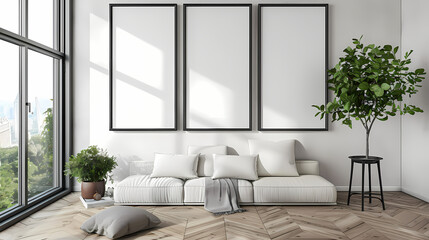 Wall Mural - Modern Minimalist Living Room Mockup:  A stylish and serene interior design with a white sofa, three black framed posters, a potted plant and natural light streaming through large windows.