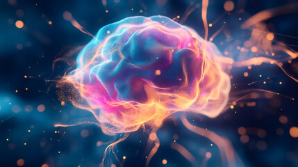 Fototapete - Colorful, glowing brain representing artificial intelligence, generating innovative ideas and sparking connections in a digital world