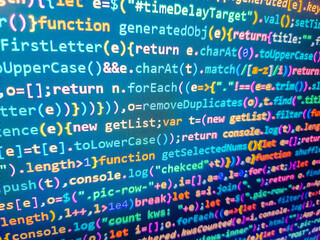 Javascript code. Colorful digital technology modern background. Template of website, selective focus. Blue binary data code background for internet and cyberspace security function. Blue php.