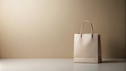 A simple beige shopping bag sits on a white surface against a muted beige wall, ready for your branding