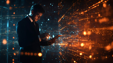 Businessman interacting with digital data in a futuristic cyberspace, using tablet and pen to navigate complex information streams