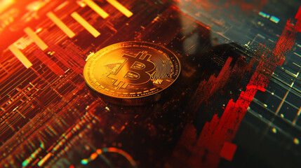 Leinwandbilder - Bitcoin on a computer motherboard with fluctuating market data, symbolizing digital finance and cryptocurrency investment