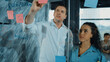 © Summit Art Creations - Skilled businessman presents marketing idea to project manager by using colorful sticky notes at glass wall. Project manager pointing, explaining, showing start up project to investor. Manipulator.