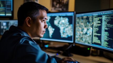 focused programmer working late on cybersecurity project