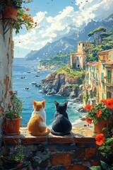 Two cats sitting on a balcony overlooking a scenic coastal town.