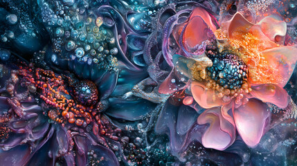 Poster - Captivating painting of vibrant abstract flowers blossoming in a fantastical garden, evoking a surreal and enchanting atmosphere