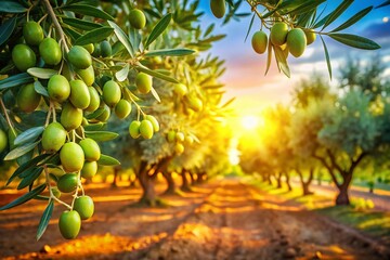 Wall Mural - Lush Olive Trees in Mediterranean Garden Ready for Harvest with Fresh Green Olives, Branches Loaded with Ripe Fruit, Soft Focus Background in Italian Olive Grove