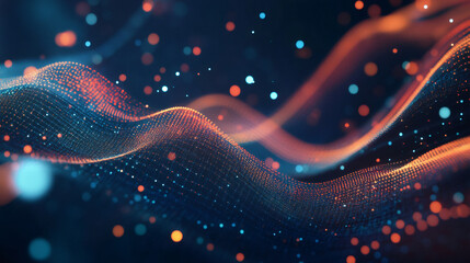 Orange particles flowing over dark blue digital landscape, creating wavy grid pattern with depth of field and bokeh effect