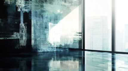 Aufkleber - Sunlight illuminating empty room with grunge wall and shiny floor reflecting large windows and blurry city view
