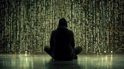 Hooded figure meditates before digital rain.