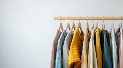 fashion clothes on a rack in a light background indoors. place for text