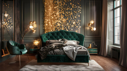 Poster - Opulent Emerald Bedroom: Luxurious velvet headboard, gold accents, and dramatic wall art create a sophisticated and inviting atmosphere in this elegant bedroom design. 