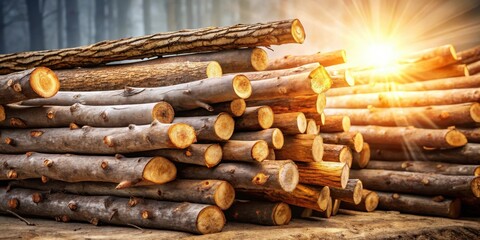 Wall Mural - A Stack of Harvested Logs Bathed in Golden Sunlight, Ready for Processing and Use in Various Applications